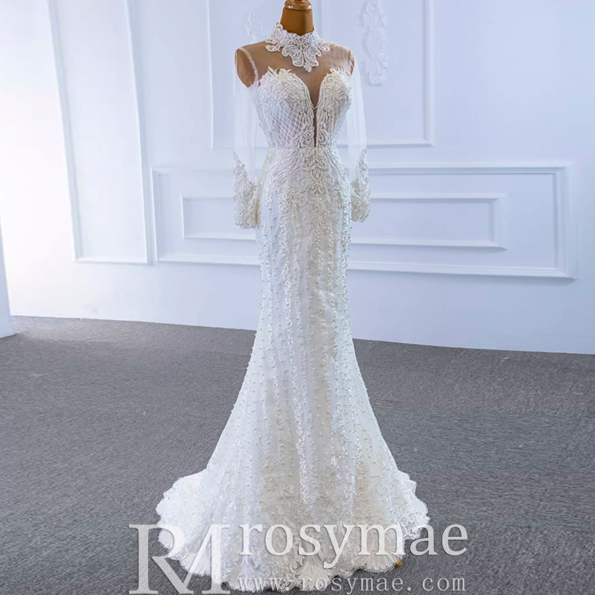 Long Sleeve Bead Pearl High Neck Wedding Dress with Detachable Skirt - Rosymae