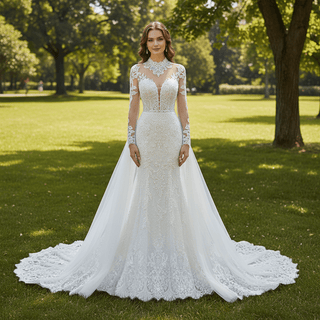 Long Sleeve Bead Pearl High Neck Wedding Dress with Detachable Skirt - Rosymae