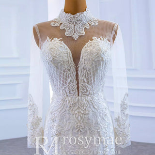Long Sleeve Bead Pearl High Neck Wedding Dress with Detachable Skirt - Rosymae
