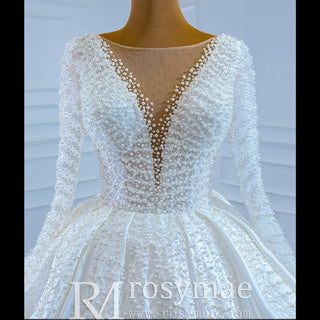 Long Sleeve Beaded Pearl Satin Wedding Dress Vintage Ball Gown - Rosymae
