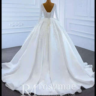 Long Sleeve Beaded Pearl Satin Wedding Dress Vintage Ball Gown - Rosymae