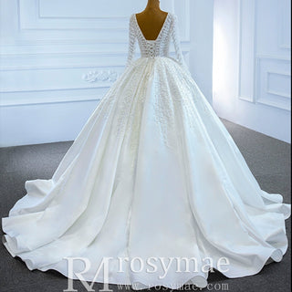 Long Sleeve Beaded Pearl Satin Wedding Dress Vintage Ball Gown - Rosymae