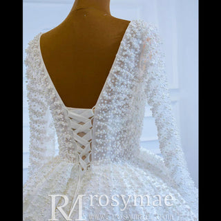 Long Sleeve Beaded Pearl Satin Wedding Dress Vintage Ball Gown - Rosymae