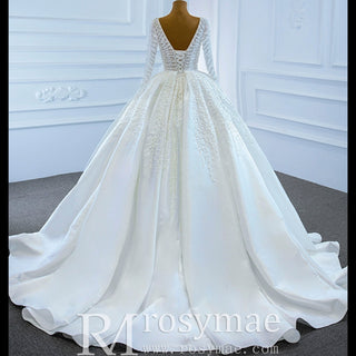 Long Sleeve Beaded Pearl Satin Wedding Dress Vintage Ball Gown - Rosymae