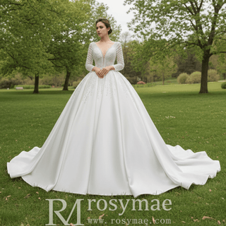 Long Sleeve Beaded Pearl Satin Wedding Dress Vintage Ball Gown - Rosymae