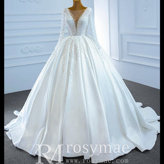 Long Sleeve Beaded Pearl Satin Wedding Dress Vintage Ball Gown - Rosymae
