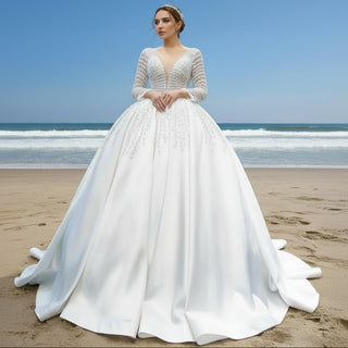 Long Sleeve Beaded Pearl Satin Wedding Dress Vintage Ball Gown - Rosymae
