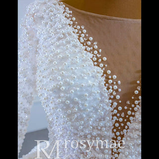 Long Sleeve Beaded Pearl Satin Wedding Dress Vintage Ball Gown - Rosymae