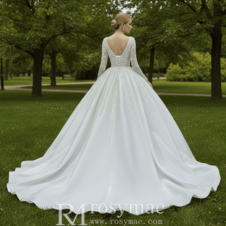Long Sleeve Beaded Pearl Satin Wedding Dress Vintage Ball Gown - Rosymae