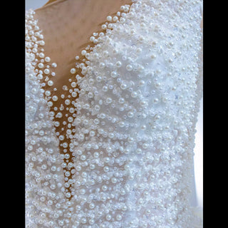 Long Sleeve Beaded Pearl Satin Wedding Dress Vintage Ball Gown - Rosymae