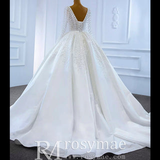 Long Sleeve Beaded Pearl Satin Wedding Dress Vintage Ball Gown - Rosymae