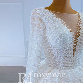 Long Sleeve Beaded Pearl Satin Wedding Dress Vintage Ball Gown - Rosymae