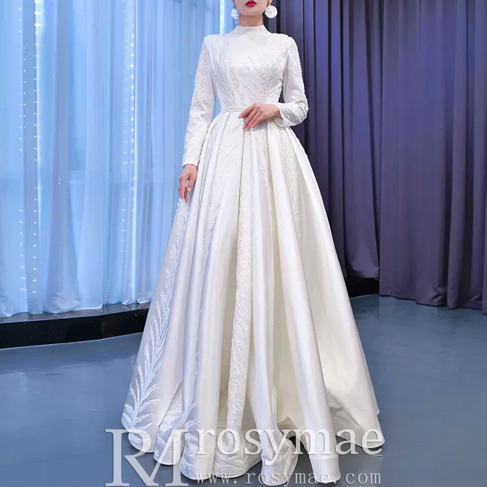 Long Sleeve Beaded Satin Muslim Wedding Dress with High Neck - Rosymae