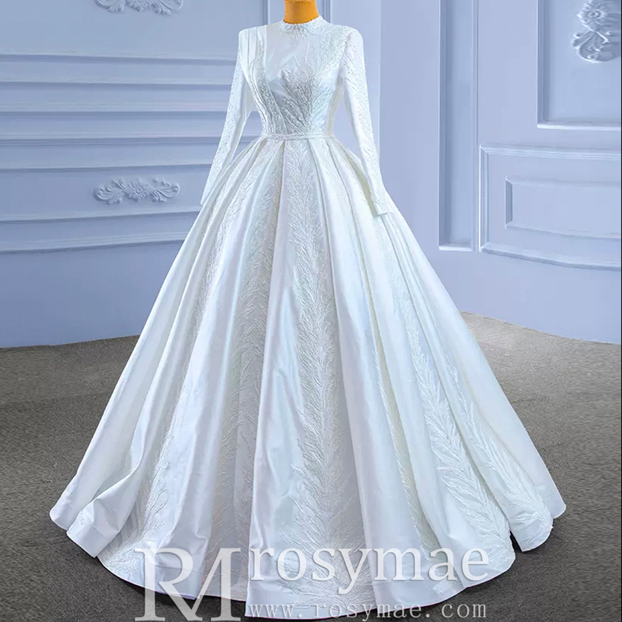 Long Sleeve Beaded Satin Muslim Wedding Dress with High Neck - Rosymae