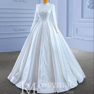 Long Sleeve Beaded Satin Muslim Wedding Dress with High Neck - Rosymae
