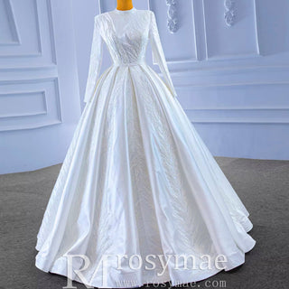 Long Sleeve Beaded Satin Muslim Wedding Dress with High Neck - Rosymae