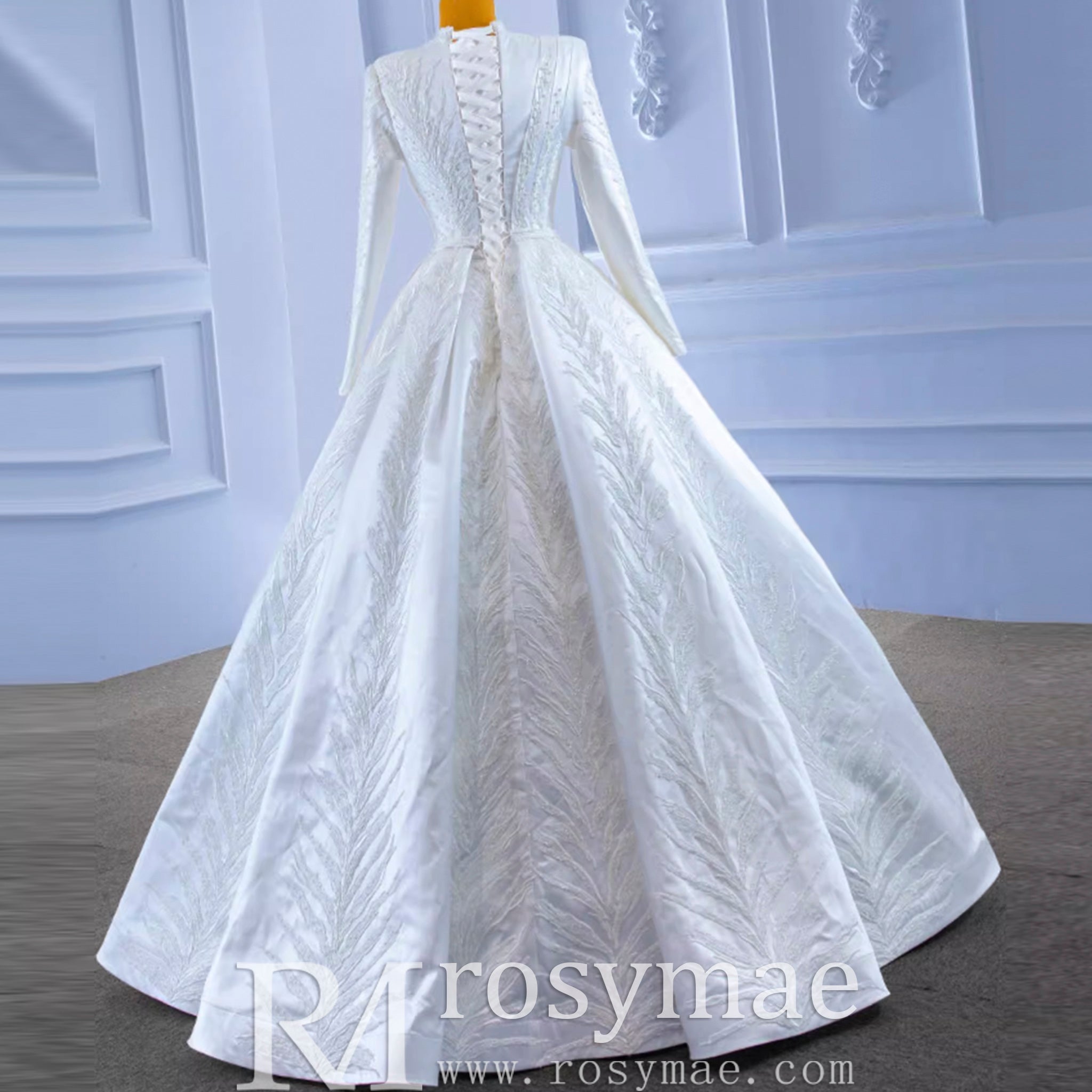 Long Sleeve Beaded Satin Muslim Wedding Dress with High Neck - Rosymae