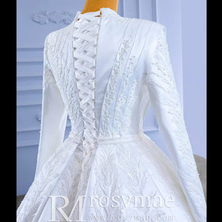 Long Sleeve Beaded Satin Muslim Wedding Dress with High Neck - Rosymae