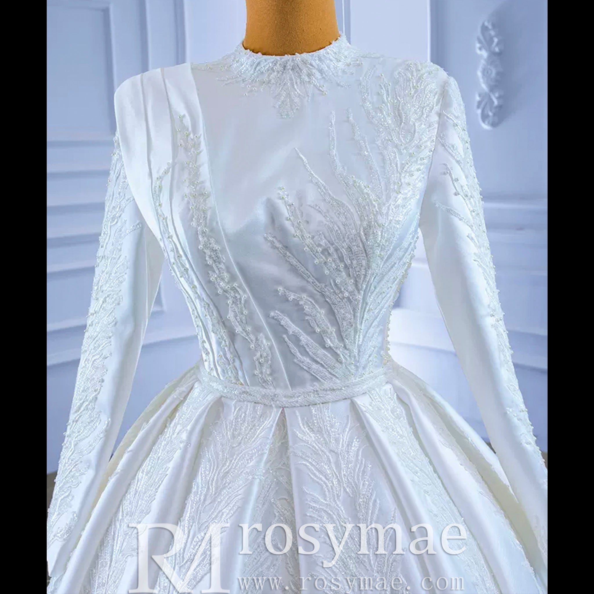 Long Sleeve Beaded Satin Muslim Wedding Dress with High Neck - Rosymae