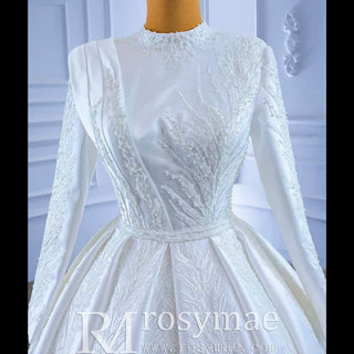 Long Sleeve Beaded Satin Muslim Wedding Dress with High Neck - Rosymae