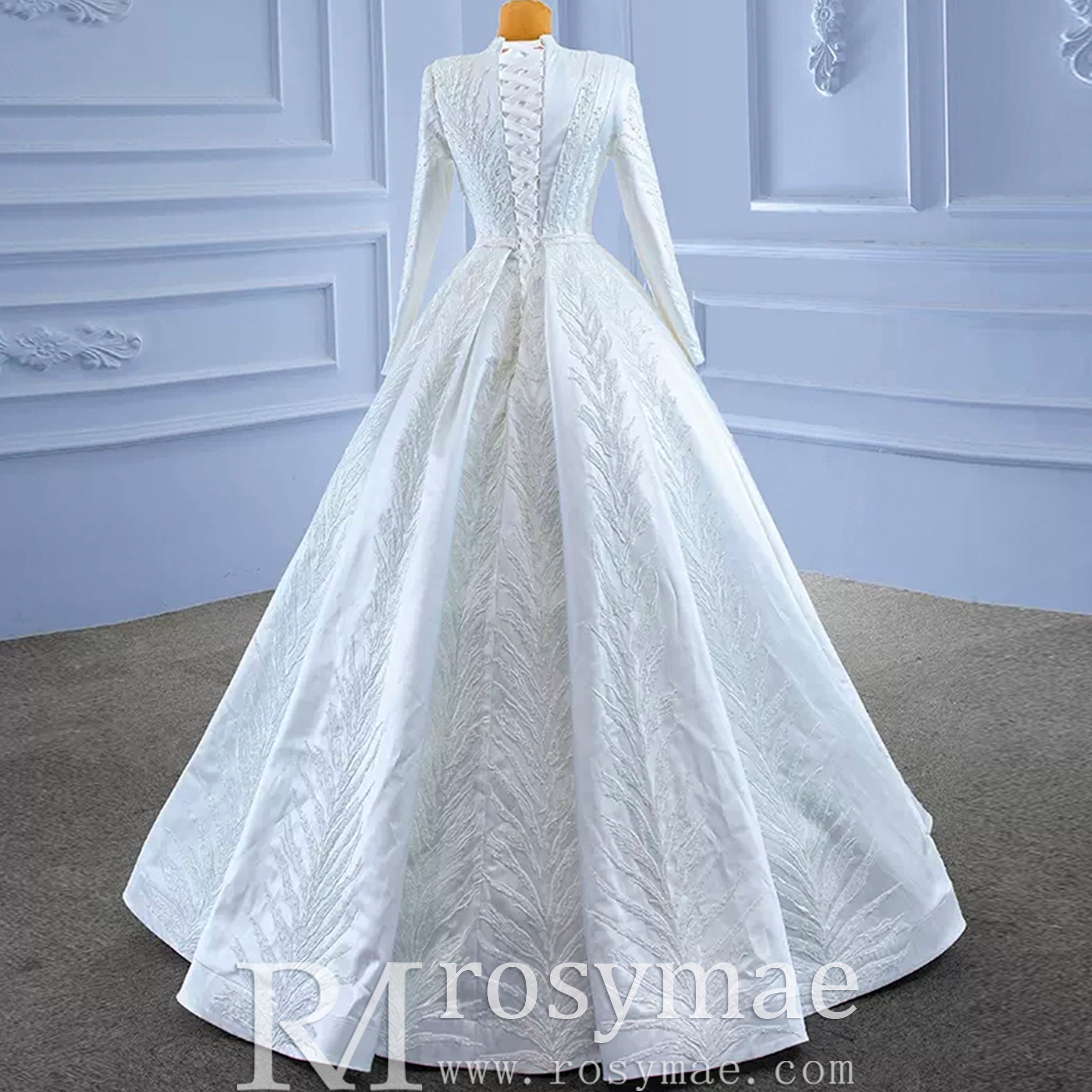 Long Sleeve Beaded Satin Muslim Wedding Dress with High Neck - Rosymae