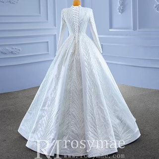 Long Sleeve Beaded Satin Muslim Wedding Dress with High Neck - Rosymae