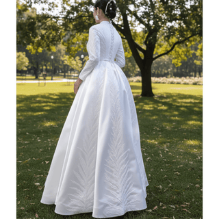 Long Sleeve Beaded Satin Muslim Wedding Dress with High Neck - Rosymae