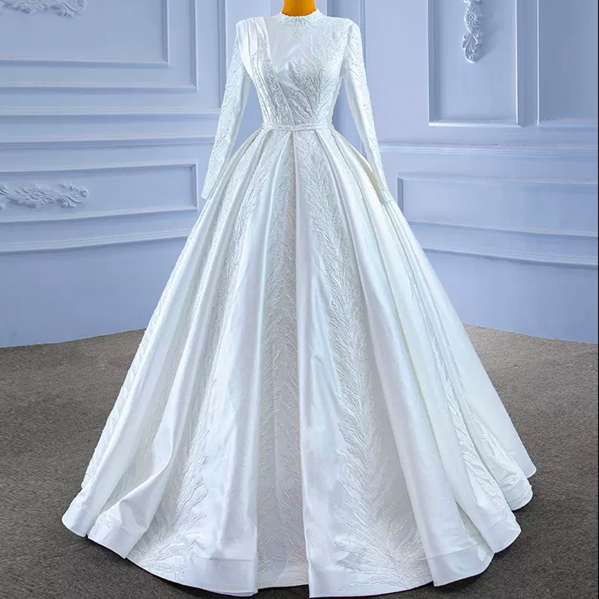 Long Sleeve Beaded Satin Muslim Wedding Dress with High Neck - Rosymae