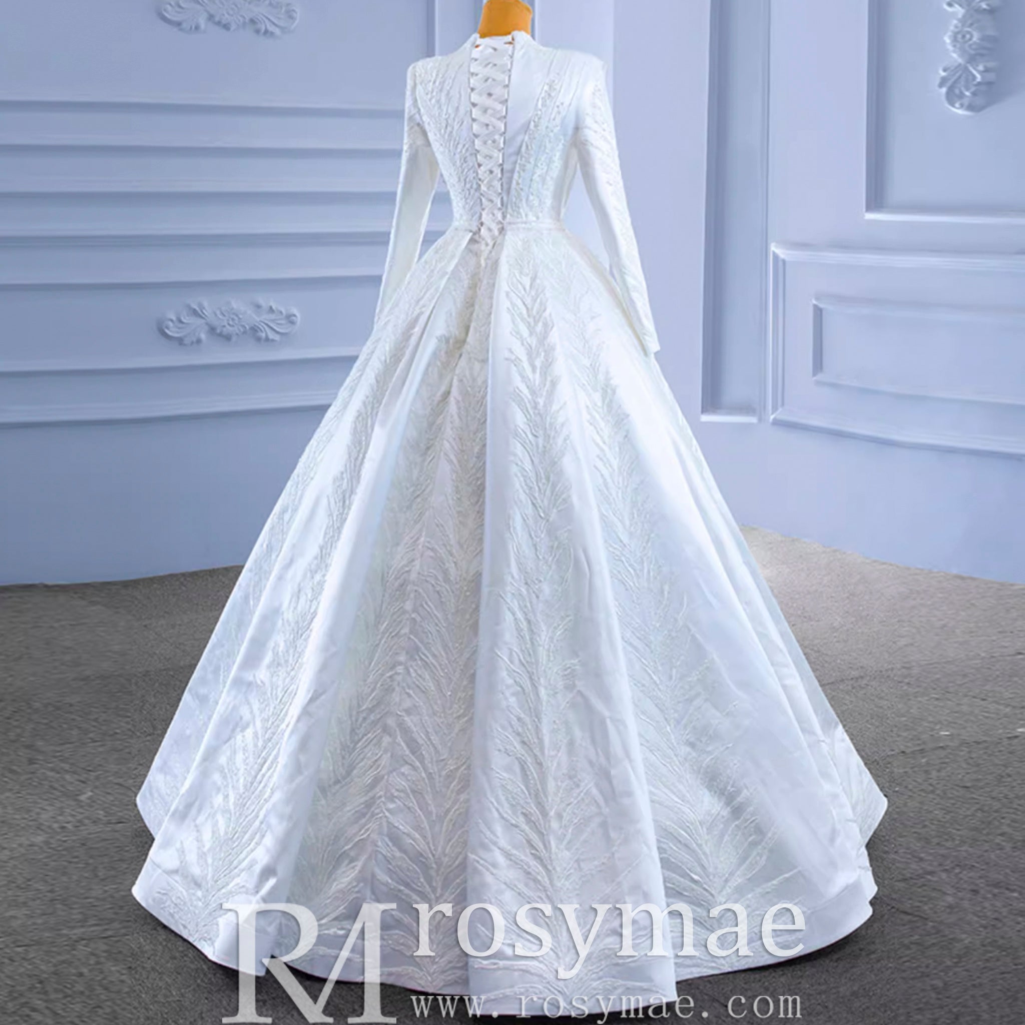 Long Sleeve Beaded Satin Muslim Wedding Dress with High Neck - Rosymae