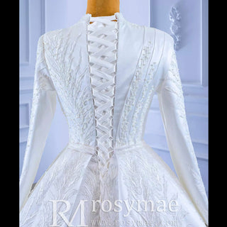 Long Sleeve Beaded Satin Muslim Wedding Dress with High Neck - Rosymae
