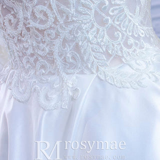 Long Sleeve Beaded Satin Wedding Dress with Front Slit - Rosymae