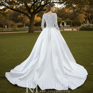 Long Sleeve Beaded Satin Wedding Dress with Front Slit - Rosymae