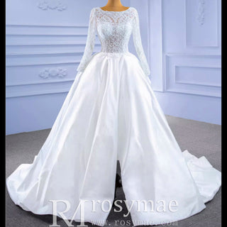 Long Sleeve Beaded Satin Wedding Dress with Front Slit - Rosymae