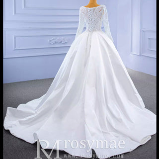 Long Sleeve Beaded Satin Wedding Dress with Front Slit - Rosymae