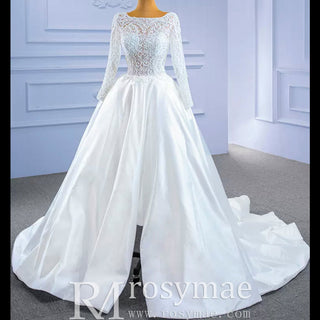 Long Sleeve Beaded Satin Wedding Dress with Front Slit - Rosymae
