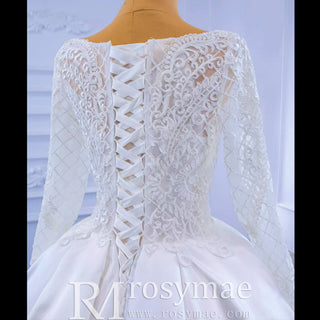 Long Sleeve Beaded Satin Wedding Dress with Front Slit - Rosymae
