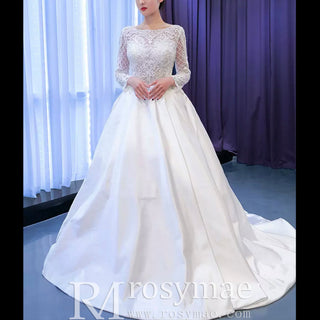 Long Sleeve Beaded Satin Wedding Dress with Front Slit - Rosymae