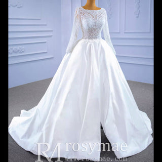 Long Sleeve Beaded Satin Wedding Dress with Front Slit - Rosymae