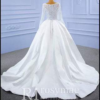 Long Sleeve Beaded Satin Wedding Dress with Front Slit - Rosymae