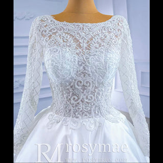 Long Sleeve Beaded Satin Wedding Dress with Front Slit - Rosymae