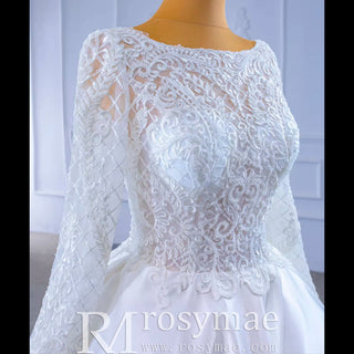 Long Sleeve Beaded Satin Wedding Dress with Front Slit - Rosymae
