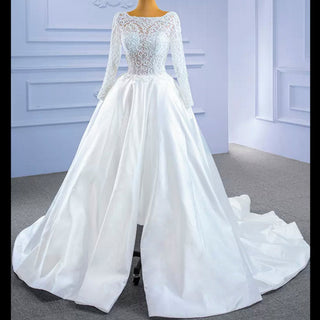 Long Sleeve Beaded Satin Wedding Dress with Front Slit - Rosymae