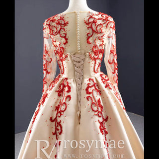 Long Sleeve Beaded Satin Wedding Gown Prom Dress with Long Train - Rosymae