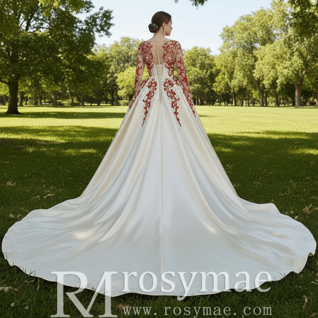 Long Sleeve Beaded Satin Wedding Gown Prom Dress with Long Train - Rosymae