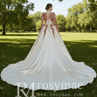 Long Sleeve Beaded Satin Wedding Gown Prom Dress with Long Train - Rosymae