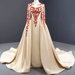 Long Sleeve Beaded Satin Wedding Gown Prom Dress with Long Train - Rosymae