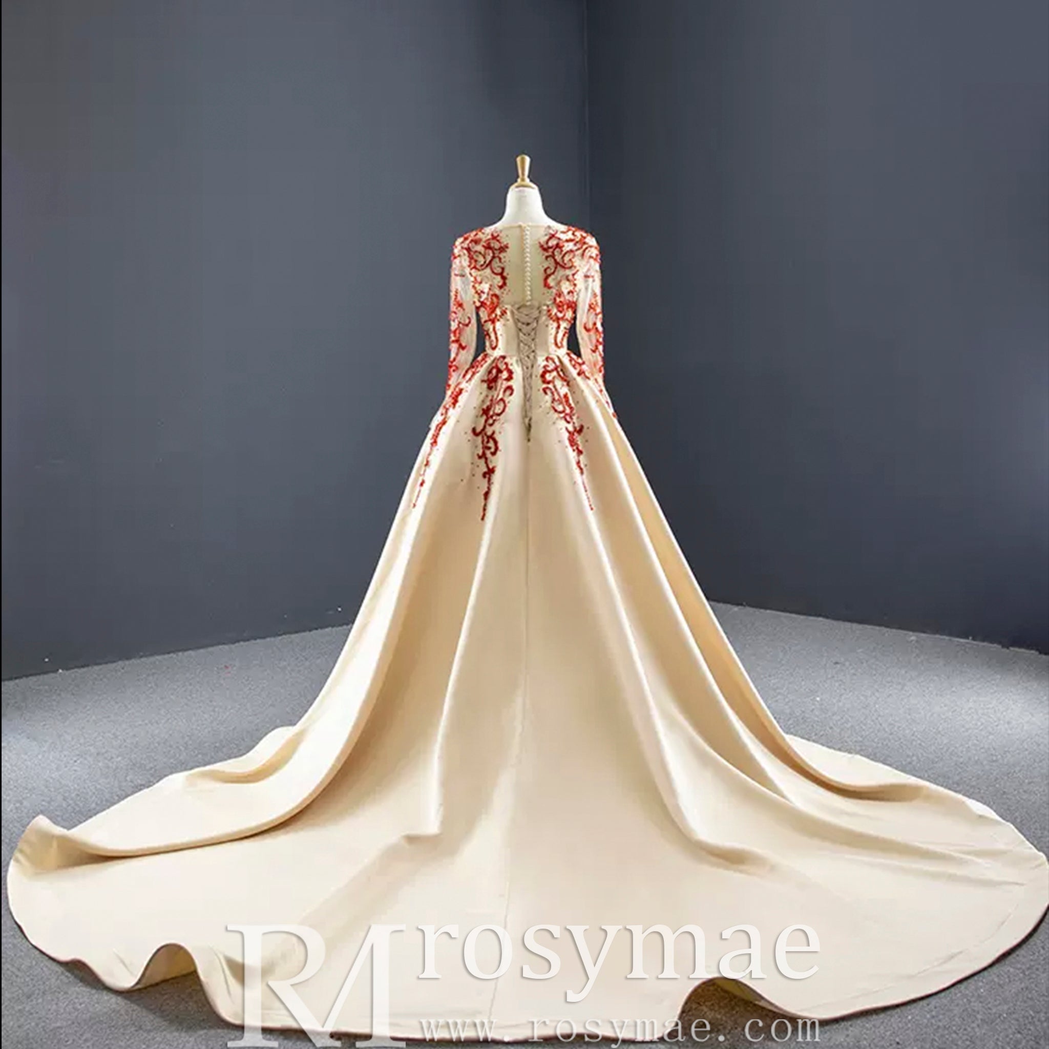 Long Sleeve Beaded Satin Wedding Gown Prom Dress with Long Train - Rosymae