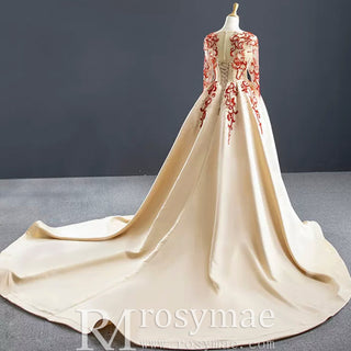 Long Sleeve Beaded Satin Wedding Gown Prom Dress with Long Train - Rosymae
