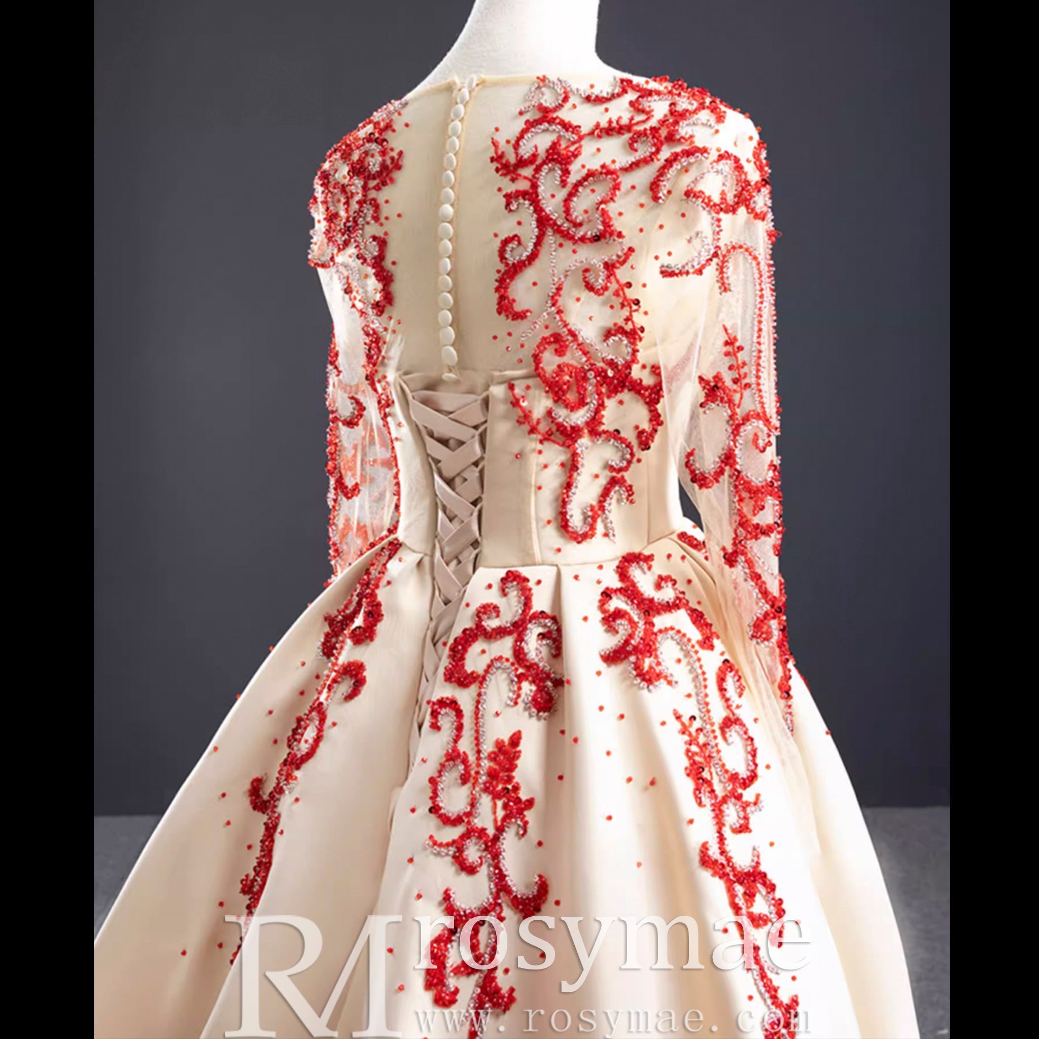Long Sleeve Beaded Satin Wedding Gown Prom Dress with Long Train - Rosymae