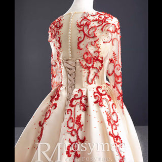 Long Sleeve Beaded Satin Wedding Gown Prom Dress with Long Train - Rosymae